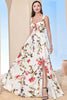 Load image into Gallery viewer, Hvit A-linje firkantet hals print lang ferie kjole med spalt