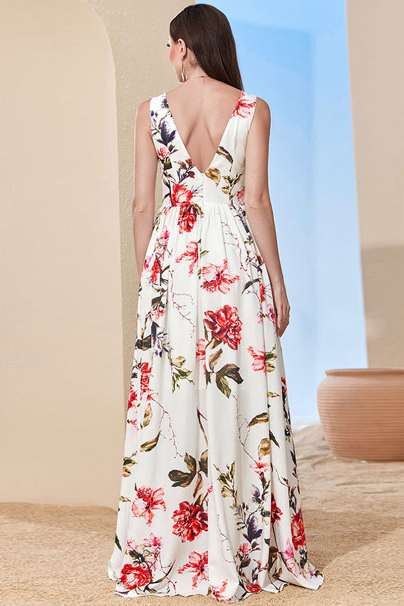Load image into Gallery viewer, Hvit A-linje firkantet hals print lang ferie kjole med spalt