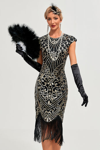 Sparkly Black Beaded Fringed 1920 -tallet Gatsby kjole