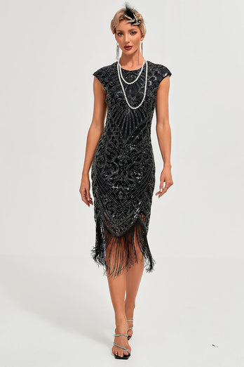 Sparkly Black Beaded Fringed 1920 -tallet Gatsby kjole