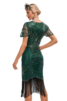 Sparkly Dark Green Beaded Fringed Cap Sleeves 1920 Gatsby Dress