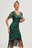 Sparkly Dark Green Beaded Fringed Cap Sleeves 1920 Gatsby Dress