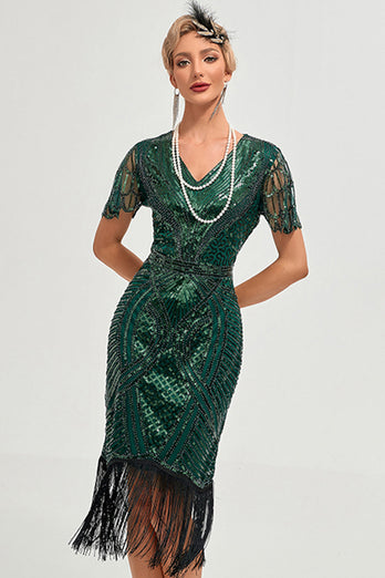 Sparkly Dark Green Beaded Fringed Cap Sleeves 1920 Gatsby Dress