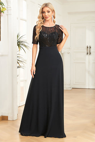 Glitrende svart formell kjole med korte ermer