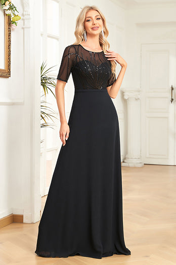 Glitrende svart formell kjole med korte ermer