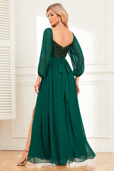 A-Line Mørkegrønn paljetter Prom kjole med ermer