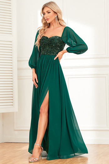 A-Line Mørkegrønn paljetter Prom kjole med ermer