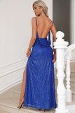 Sparkly Royal Blue Spaghetti stropper Prom kjole med Slit