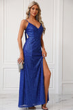 Sparkly Royal Blue Spaghetti stropper Prom kjole med Slit