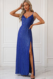 Sparkly Royal Blue Spaghetti stropper Prom kjole med Slit