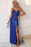 Sparkly Royal Blue Spaghetti stropper Prom kjole med Slit