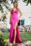 Havfrue Fuchsia Beaded Prom kjole med spalte