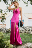 Havfrue Fuchsia Beaded Prom kjole med spalte