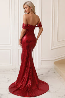 Sparkly Mermaid Off The Shoulder Red Prom Dress med Slit