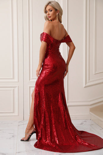 Sparkly Mermaid Off The Shoulder Red Prom Dress med Slit