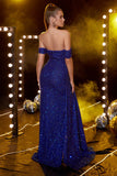 Av skulderen Royal Blue Glitter Prom kjole med spalte