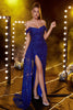 Load image into Gallery viewer, Av skulderen Royal Blue Glitter Prom kjole med spalte