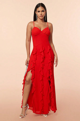 Red Spaghetti stropper Prom kjole med volanger