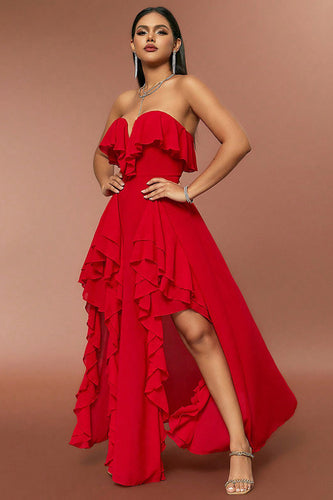 Red Strapless A Line Prom kjole med Ruffles