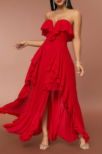 Red Strapless A Line Prom kjole med Ruffles