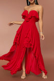 Red Strapless A Line Prom kjole med Ruffles