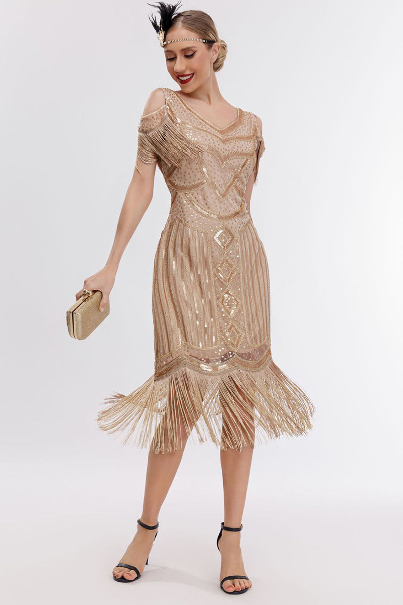 Load image into Gallery viewer, Svart gylden kald skulderfrynser Gatsby-kjole fra 1920-tallet