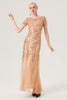 Load image into Gallery viewer, Svart gylden paljetter Lang kjole fra 1920-tallet med korte ermer