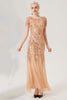 Load image into Gallery viewer, Svart gylden paljetter Lang kjole fra 1920-tallet med korte ermer