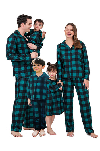 Mørkegrønn rutete julefamilie som matcher 2 stykker pyjamassett