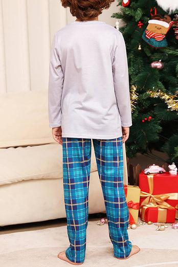 Grå hjort og blå rutete julefamilie matchende pyjamassett