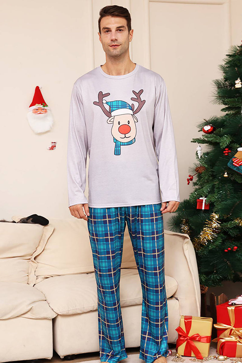 Load image into Gallery viewer, Grå hjort og blå rutete julefamilie matchende pyjamassett