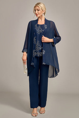 Navy 3 Piece Mother of the Bride Pant Suits med Appliques