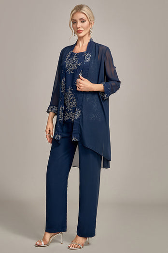 Navy 3 Piece Mother of the Bride Pant Suits med Appliques