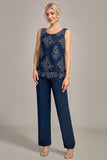 Navy 3 Piece Mother of the Bride Pant Suits med Appliques