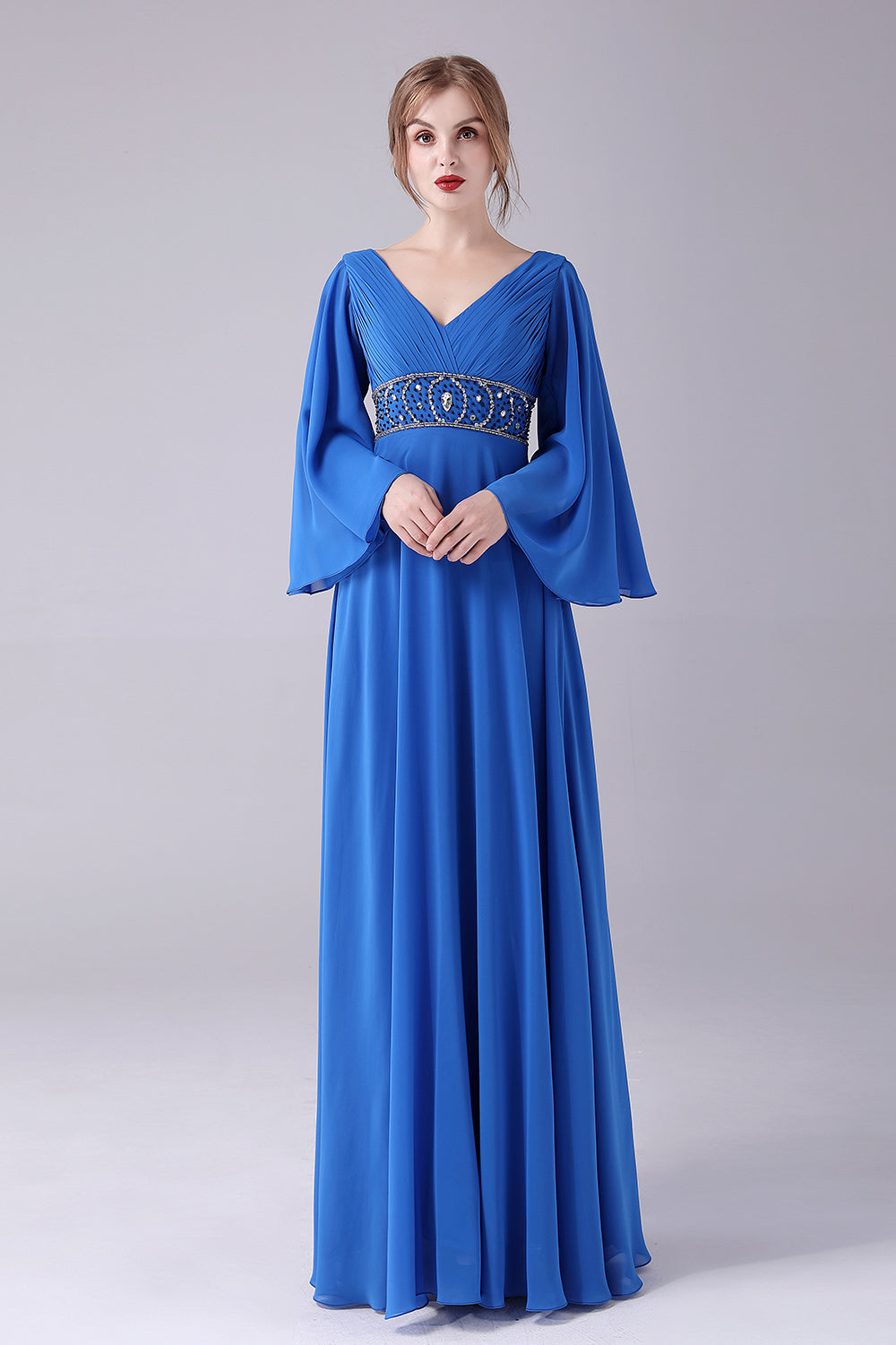 Royal Blue A-Line V-hals plissert gulvlengde mor til bruden kjole med perler