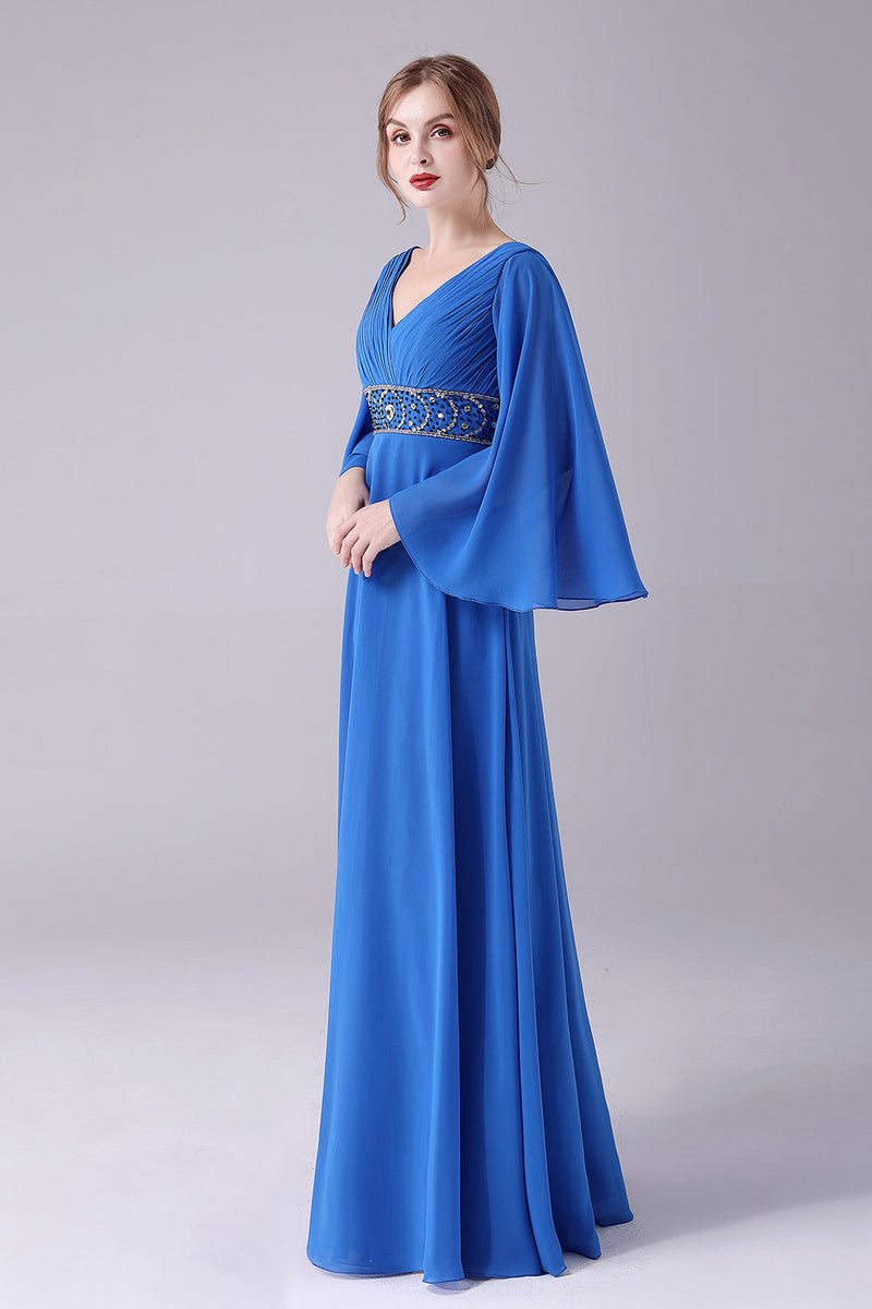 Load image into Gallery viewer, Royal Blue A-Line V-hals plissert gulvlengde mor til bruden kjole med perler