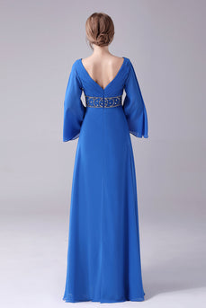 Royal Blue A-Line V-hals plissert gulvlengde mor til bruden kjole med perler