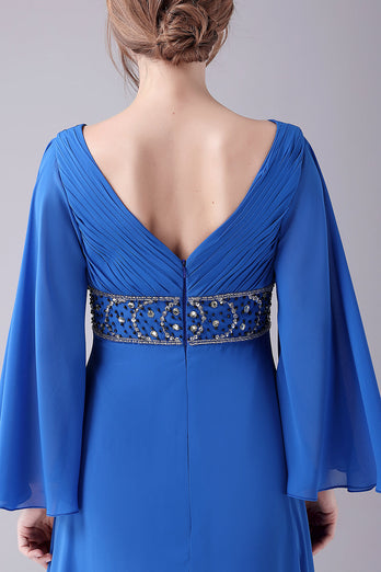 Royal Blue A-Line V-hals plissert gulvlengde mor til bruden kjole med perler