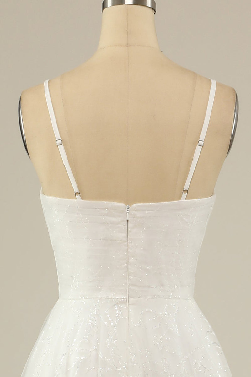 Load image into Gallery viewer, en linje spaghetti stropper hvit tyll fest kjole