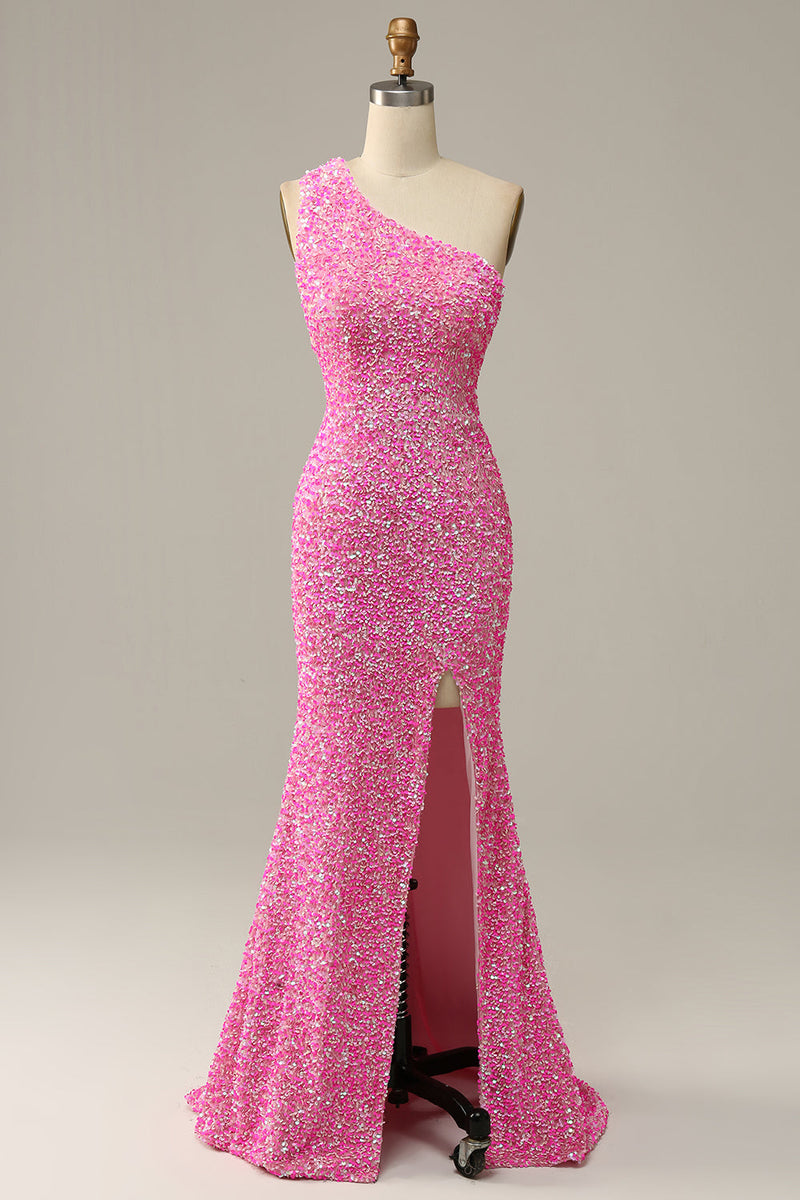 Load image into Gallery viewer, Fuchsia paljett en skulder havfrue prom kjole med spalte