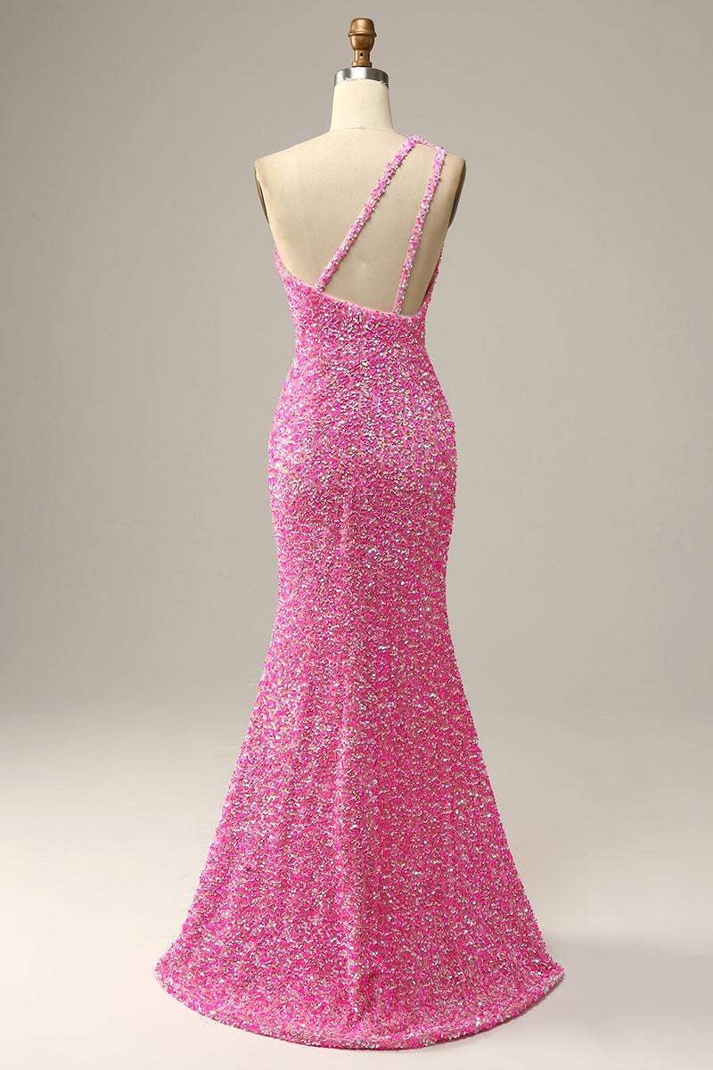 Load image into Gallery viewer, Fuchsia paljett en skulder havfrue prom kjole med spalte