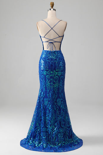 Royal Blue Mermaid Sparkly Prom Dress med Slit