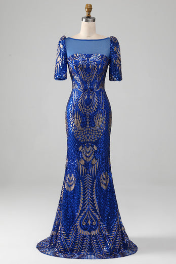 Mermaid Royal Blue Sparkly Prom kjole med korte ermer