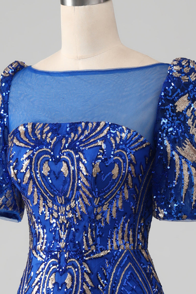 Load image into Gallery viewer, Mermaid Royal Blue Sparkly Prom kjole med korte ermer