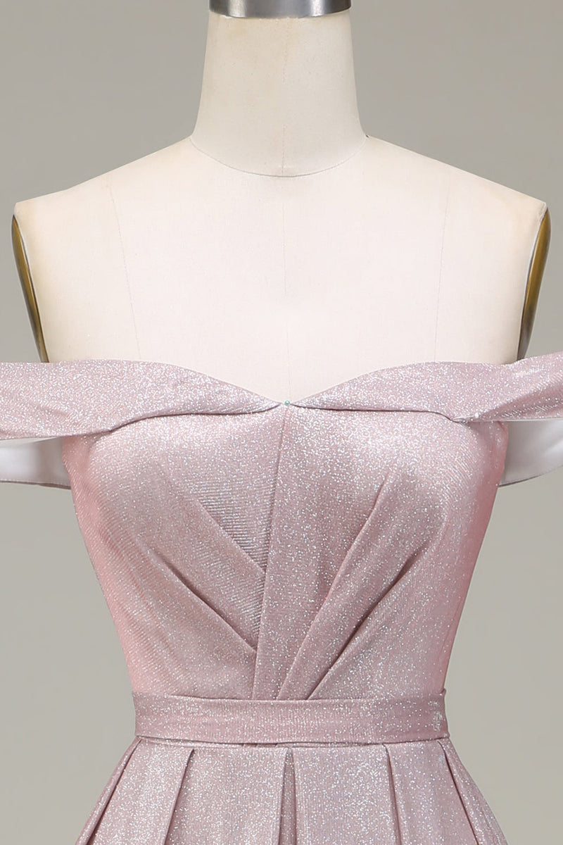 Load image into Gallery viewer, Av skulderen Grå rosa glitrende ballkjole med plissert
