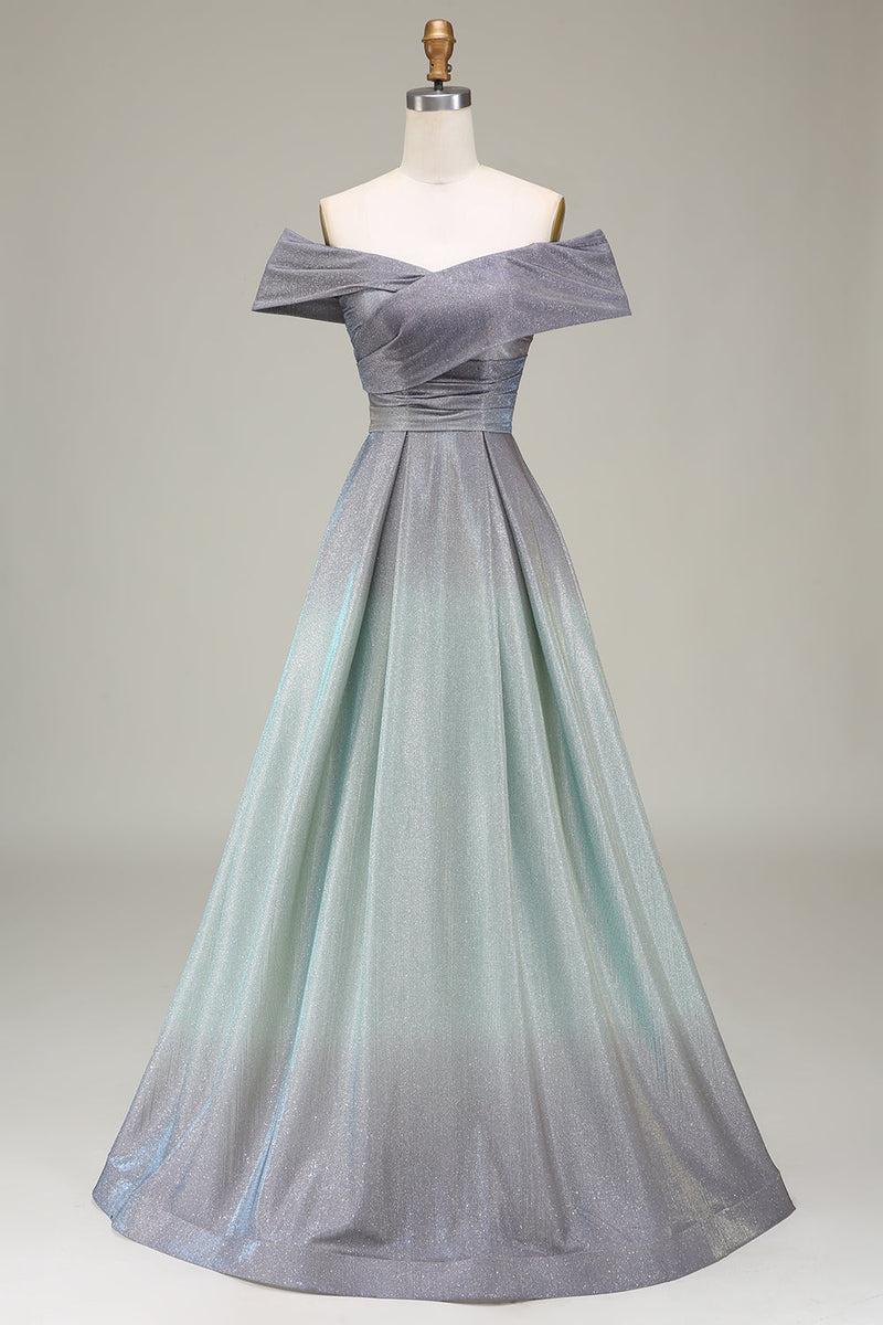 Load image into Gallery viewer, Sparkly av skulderen En linje Princess Prom kjole med plissert