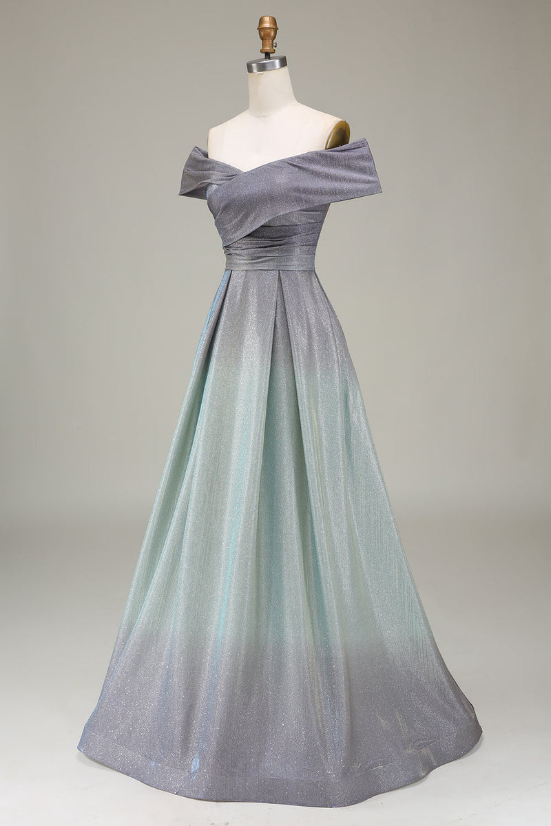 Load image into Gallery viewer, Sparkly av skulderen En linje Princess Prom kjole med plissert