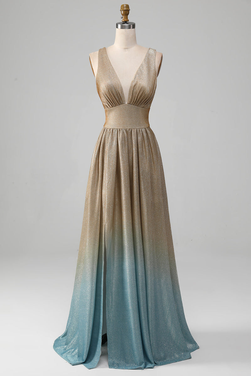 Load image into Gallery viewer, Glitter V-hals Golden Prom kjole med spalt