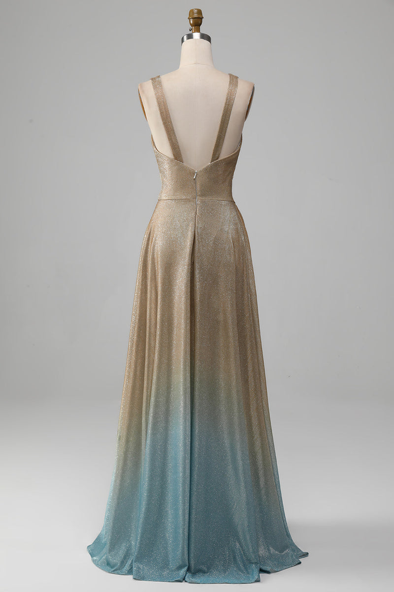 Load image into Gallery viewer, Glitter V-hals Golden Prom kjole med spalt