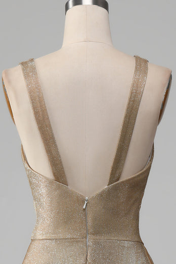 Glitter V-hals Golden Prom kjole med spalt